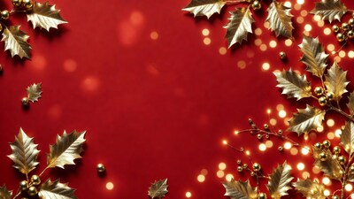 Golden Holly Leaves on Red Background