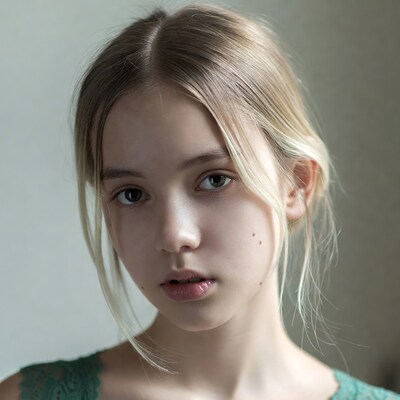 Blonde girl with green lace top