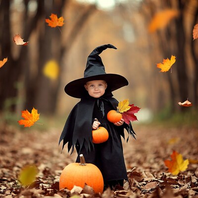 Baby girl witch with pumpkins in autumn forest