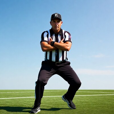 Latino referee standing on soccer field