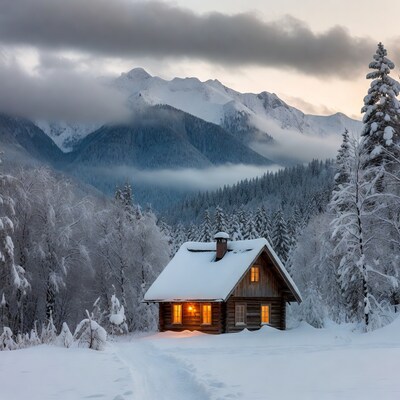 Cozy lit cabin in snowy mountains