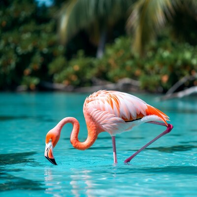 Flamingo drinking in turquoise water