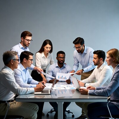 Diverse team reviewing charts in meeting