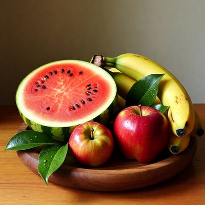 Watermelon apple bananas on wooden plate