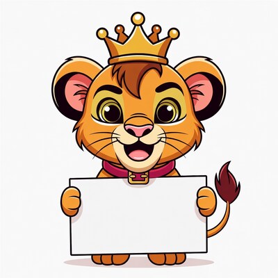 Cartoon lion cub holding blank sign