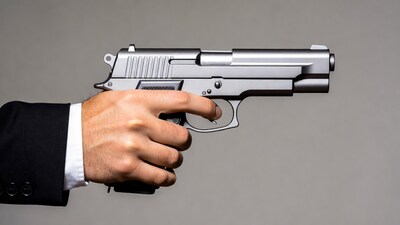 Man's hand holding silver pistol