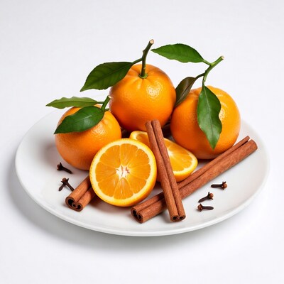 Oranges with Cinnamon Sticks on White Plate