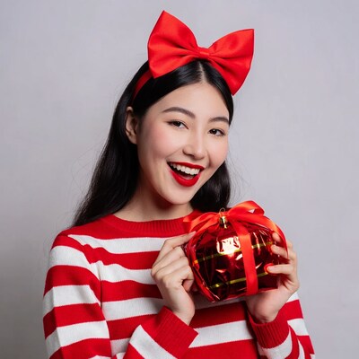 Asian woman holding red Christmas gift