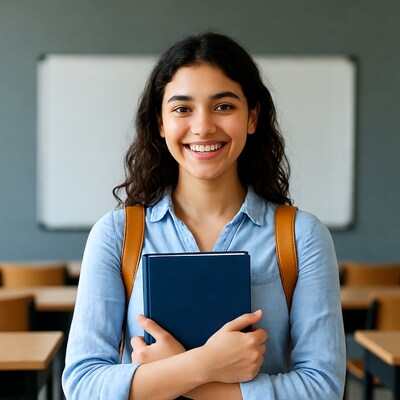 Smiling girl holding book in classroom
