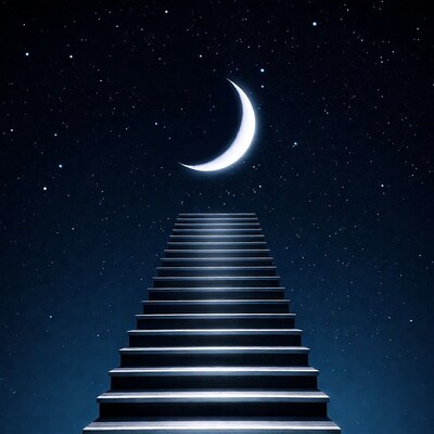 Stairway to Crescent Moon in Night Sky