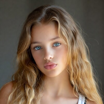 Teen girl with blue eyes and wavy blonde hair