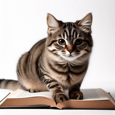 Kitten with paws on open book