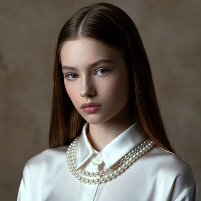 Young woman in white shirt pearl necklaces