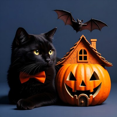 Black cat with bowtie jack-o-lantern haunted house