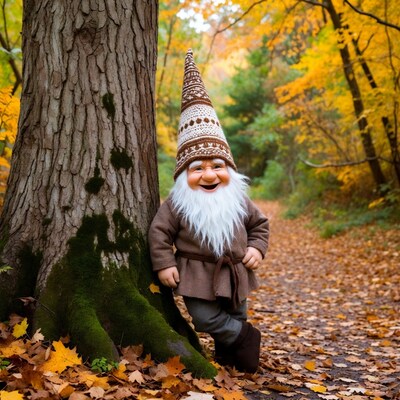 Smiling gnome leaning against tree
