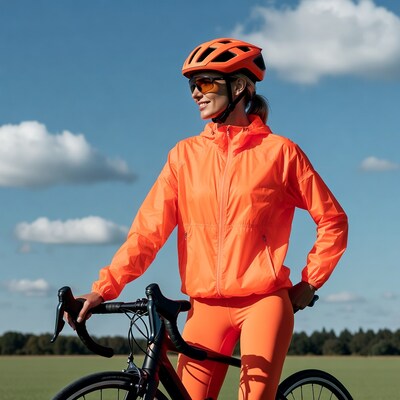 Woman in orange cycling gear with bike