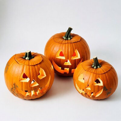 Three Jack-o-Lantern Pumpkins on White