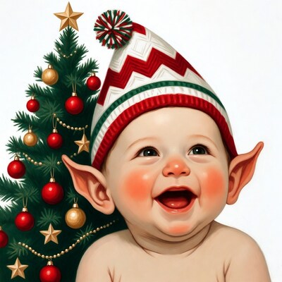 Smiling elf baby with Christmas tree