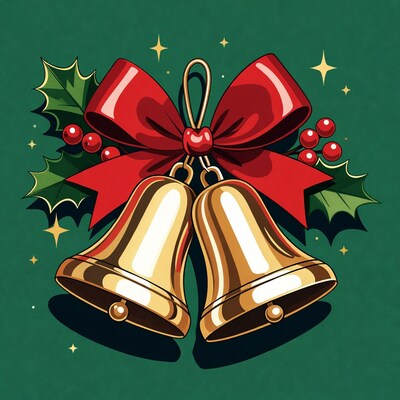 Christmas Bells with Red Bow and Holly