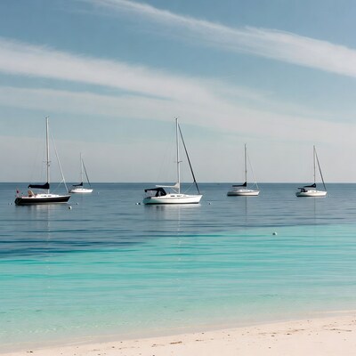 Sailboats anchored in turquoise bay