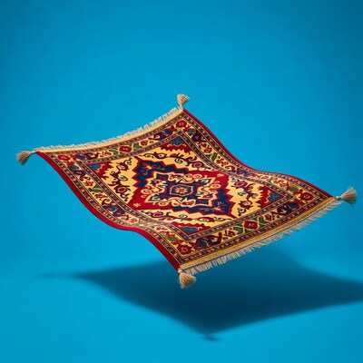 Flying Magic Carpet on Blue Background