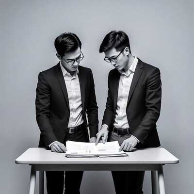 Two Asian men reviewing documents
