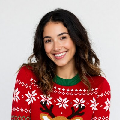 Smiling woman in reindeer Christmas sweater