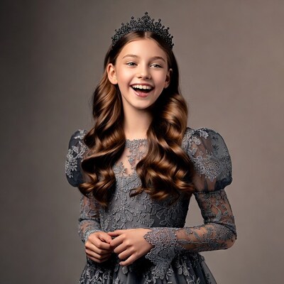 Girl smiling in lace gown with crown