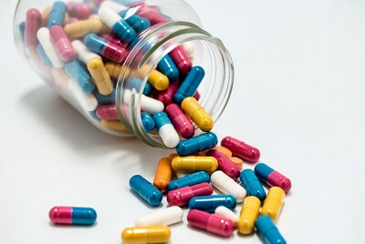 Colorful pills spilling from glass jar