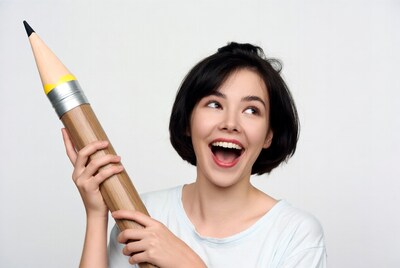 Asian woman holding giant pencil