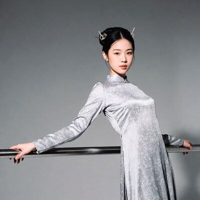 Asian woman in silver Ao Dai