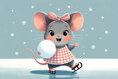 Cute mouse ice skating with snowball