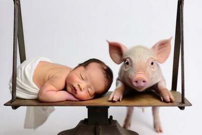 Sleeping newborn baby with piglet on scale