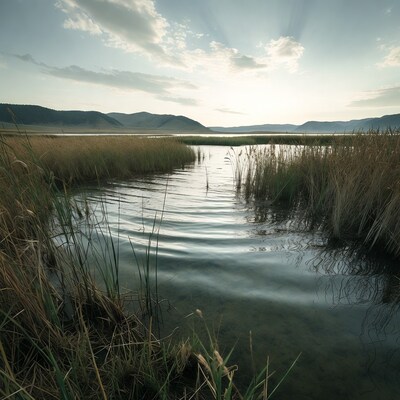 Reeds in Calm Lake at Sunset
