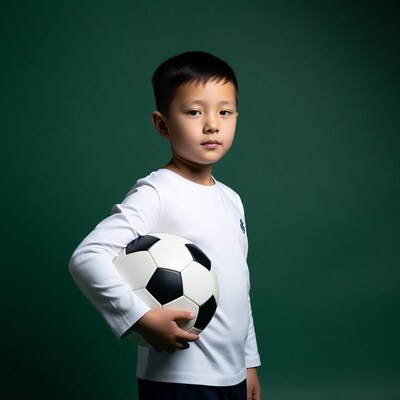 Asian boy holding soccer ball