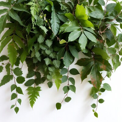 Lush green leaves bouquet on white