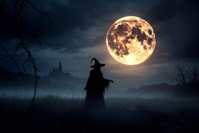 Silhouette witch under full moon