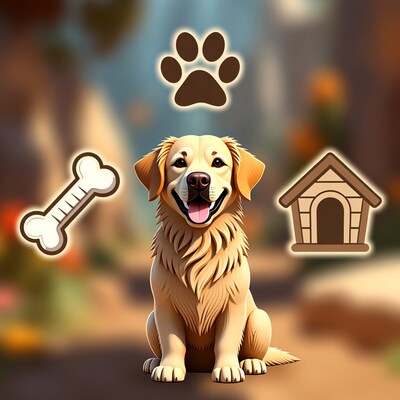 Cute Golden Retriever with Paw Bone Doghouse