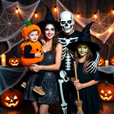 Family in Halloween costumes with pumpkin