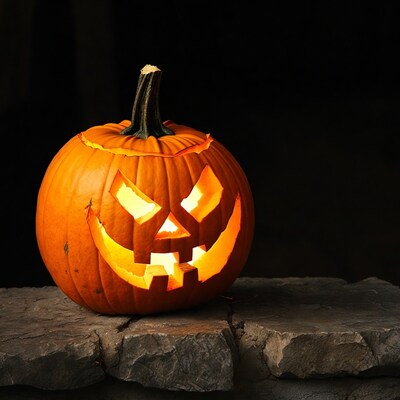 Lit Jack-o-Lantern on Stone