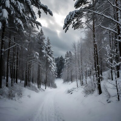 Snowy forest path under cloudy sky
