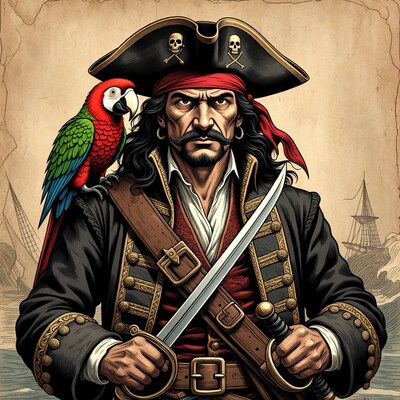 Pirate man with parrot and swords