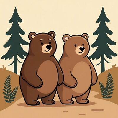 Two cute bears standing in forest