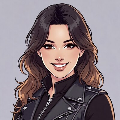 Smiling woman in leather jacket