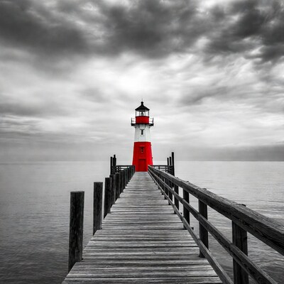 Red Lighthouse on Pier Over Water