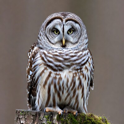 Barred Owl Perched on Mossy Stump
