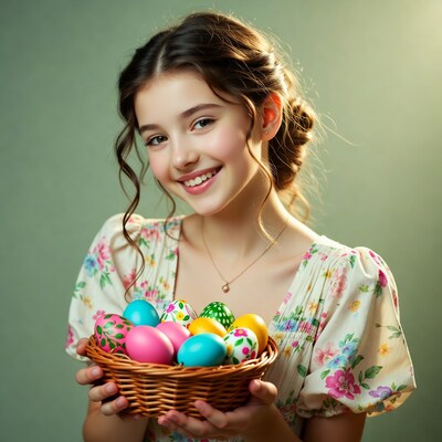 Girl holding Easter basket eggs