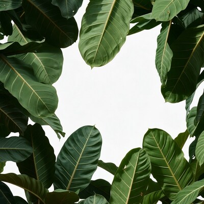 Green tropical leaves frame on white