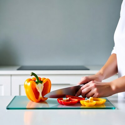 Woman slicing bell peppers on glass board