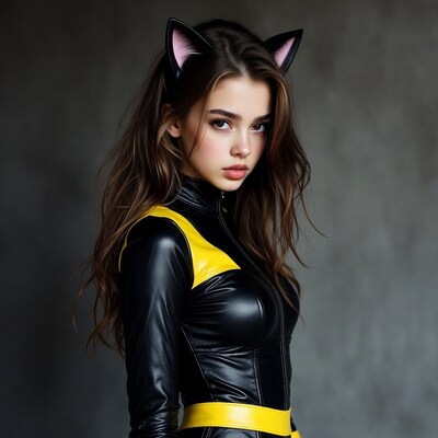 Woman in black yellow catsuit with cat ears